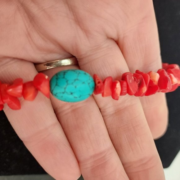 Two faux turquoise & coral Bracelets - Picture 11 of 12